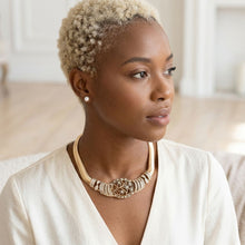 Load image into Gallery viewer, Antique Gold Pearl Floral Herringbone Necklace
