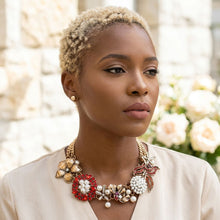 Load image into Gallery viewer, Red Crystal Pearl Antique Gold Chainmaille Collar
