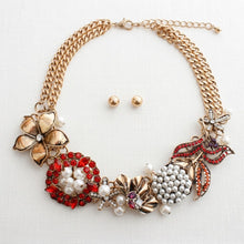 Load image into Gallery viewer, Red Crystal Pearl Antique Gold Chainmaille Collar

