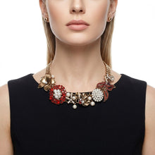 Load image into Gallery viewer, Red Crystal Pearl Antique Gold Chainmaille Collar
