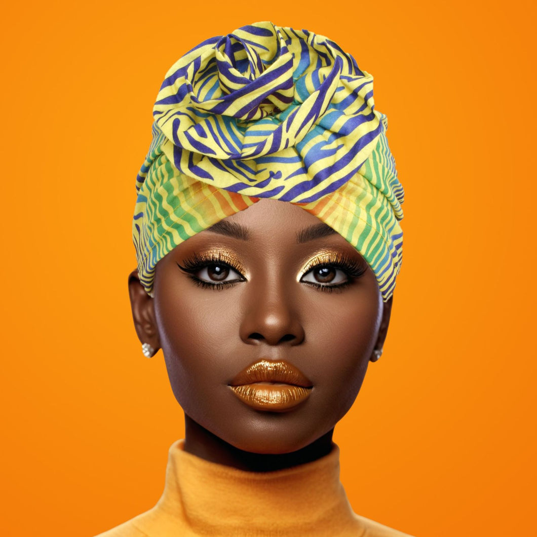 Turban Pre-Tied Flower Yellow Blue Zebra Women