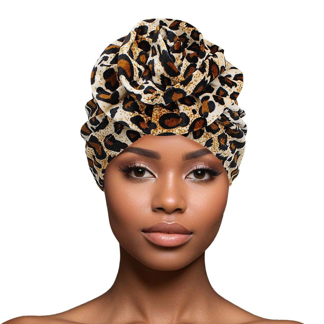 Turban Pre-Tied Flower Velvet Leopard Print Women