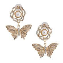 Load image into Gallery viewer, Gold Rose Butterfly Rhinestone Earrings
