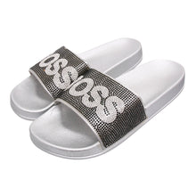 Load image into Gallery viewer, Size 9 Black BOSS Silver Slides
