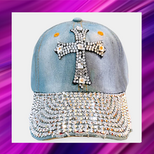 Load image into Gallery viewer, Bling Studded Cross Baseball Cap - Light Blue
