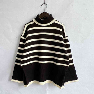 Striped Turtleneck Flare Sleeve Sweater