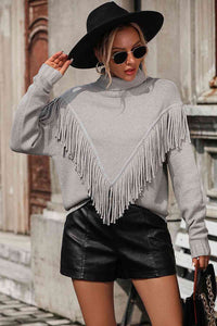 Turtle Neck Tassel Front Long Sleeve Pullover Sweater