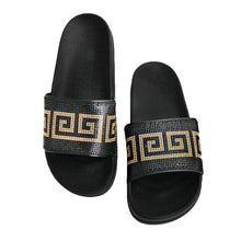 Load image into Gallery viewer, Black and Gold Size 10 Designer Black Slides
