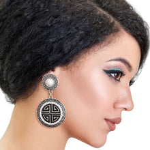 Load image into Gallery viewer, Silver Black Round Greek Key Charm Earrings
