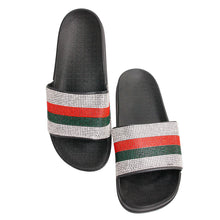 Load image into Gallery viewer, Red and Green Size 10 Designer Black Slides
