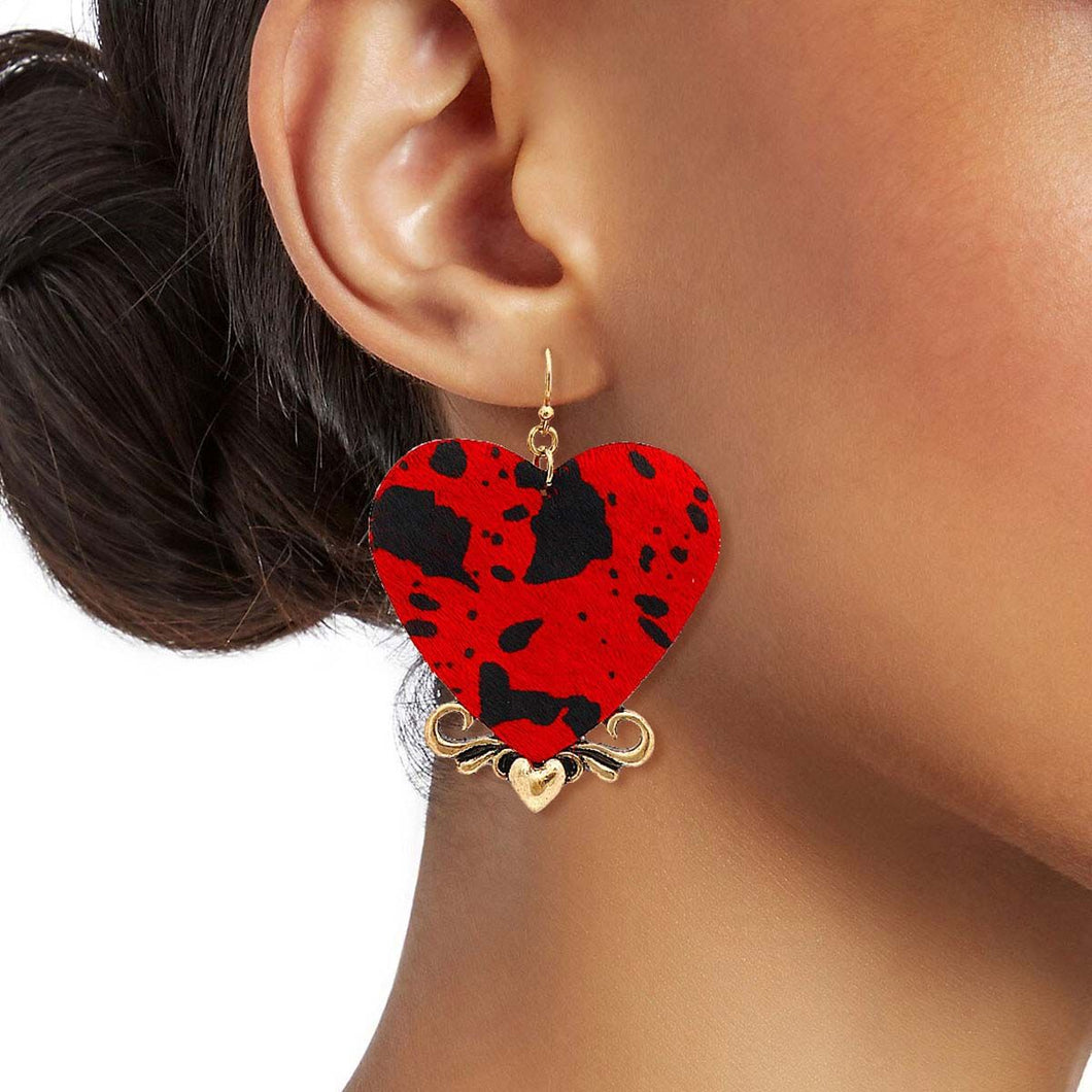 Red Leather Animal Print Heart Earrings