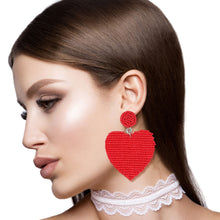 Load image into Gallery viewer, Red Seed Bead Heart Earrings
