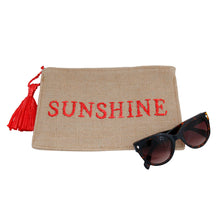 Load image into Gallery viewer, Burlap Clutch with Red Raffia SUNSHINE Stitching
