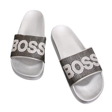 Load image into Gallery viewer, Size 11 Black BOSS Silver Slides
