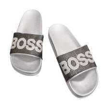 Load image into Gallery viewer, Size 10 Black BOSS Silver Slides
