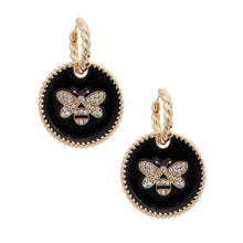 Load image into Gallery viewer, Black Bee Charm Twisted Gold Hoops
