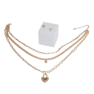 Gold 3 Layer Chain Locked Heart Dainty  Necklace Set
