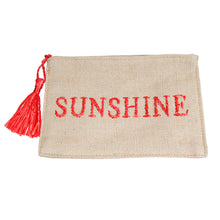 Load image into Gallery viewer, Burlap Clutch with Red Raffia SUNSHINE Stitching
