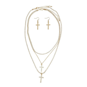 Triple Layer Gold Rhinestone Cross Necklaces
