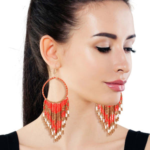 Red and Gold Bead Fringe Circle Earrings