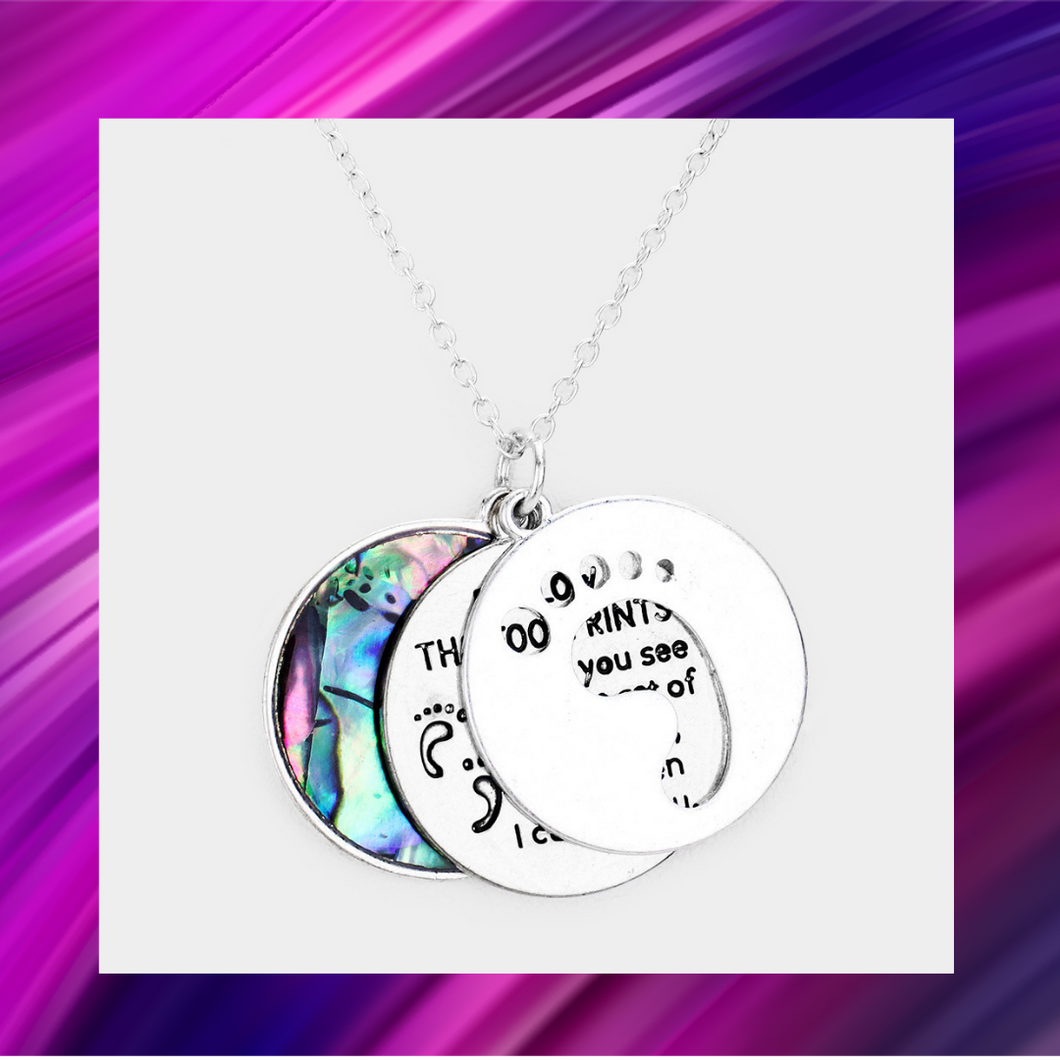Abalone Triple Circle Message - Footprint Pendant Necklace - Silver - N1048