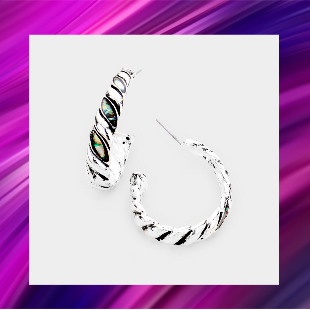 Abalone Twisted Hoop Earrings - Silver - E1019