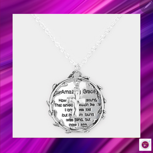 Amazing Grace Metal Cross Open Circle Message Pendant Necklace