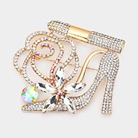 Load image into Gallery viewer, Shoe &amp; Lipstick Rhinestone Brooch Pin - Fuchsia
