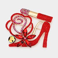 Load image into Gallery viewer, Shoe &amp; Lipstick Rhinestone Brooch Pin - Fuchsia
