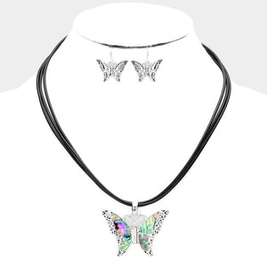 Abalone Butterfly Cord Necklace, Earrings & Bracelet 3Pc. Set