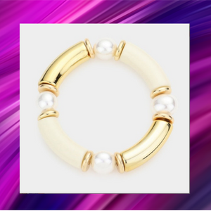 Oval Pearl Accented Resin Stretch Bracelet - Cream - B1003