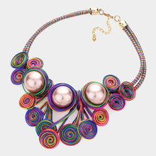 Load image into Gallery viewer, Triple Pearl Accented Swirl Metal Wire Necklace &amp; Earrings- Purple
