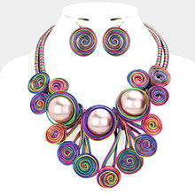 Load image into Gallery viewer, Triple Pearl Accented Swirl Metal Wire Necklace &amp; Earrings- Purple
