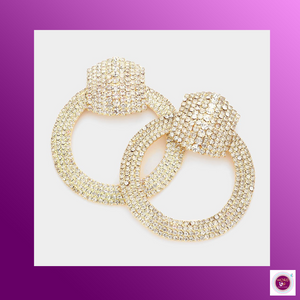 Gold Rhinestone Pave Hexagon Open Circle Dangle Evening Earrings - E1115