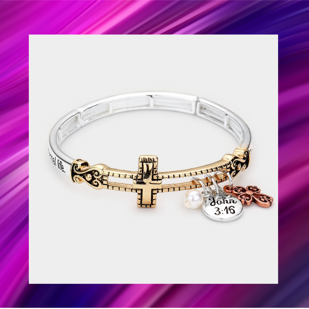 John 3:16 Cross Stretch Bracelet - Mixed Metal -B1047