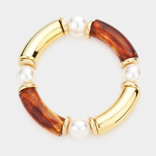 Load image into Gallery viewer, Oval Pearl Accented Resin Stretch Bracelet - Brown
