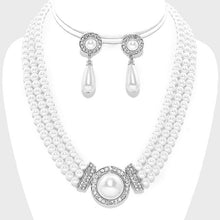 Load image into Gallery viewer, White Pearl Rhinestone Necklace &amp; Earrings 2Pc
