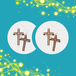 Wood Metal Cross Earrings