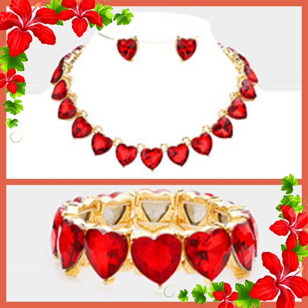 Red Heart Stone Link Necklace & Bracelet 3Pc. Set Media 1 of 3