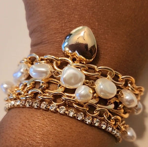 Pearl Heart Charm Stack Set of 5 Bracelets