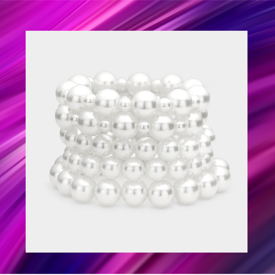 White Pearl Stretch Bracelet Stack Set of 5 - B1026