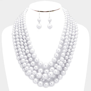 White Five Row Strand Pearls - White Pearl Necklace & Earrings 2pc. Set - N1016