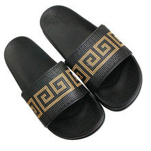 Load image into Gallery viewer, Black and Gold Size 10 Designer Black Slides
