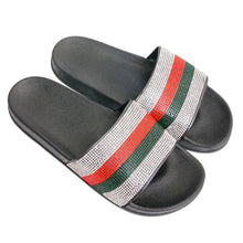 Load image into Gallery viewer, Red and Green Size 8 Designer Black Slides
