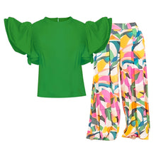 Load image into Gallery viewer, 4XL Green Ruffle Geometric Pant Set
