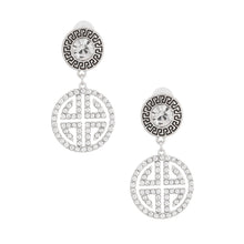 Load image into Gallery viewer, Silver Round Crystal Greek Key Earrings
