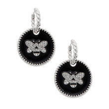 Load image into Gallery viewer, Black Bee Charm Twisted Silver Hoops
