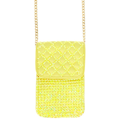 Yellow Quilted Rhinestone Cellphone Bag