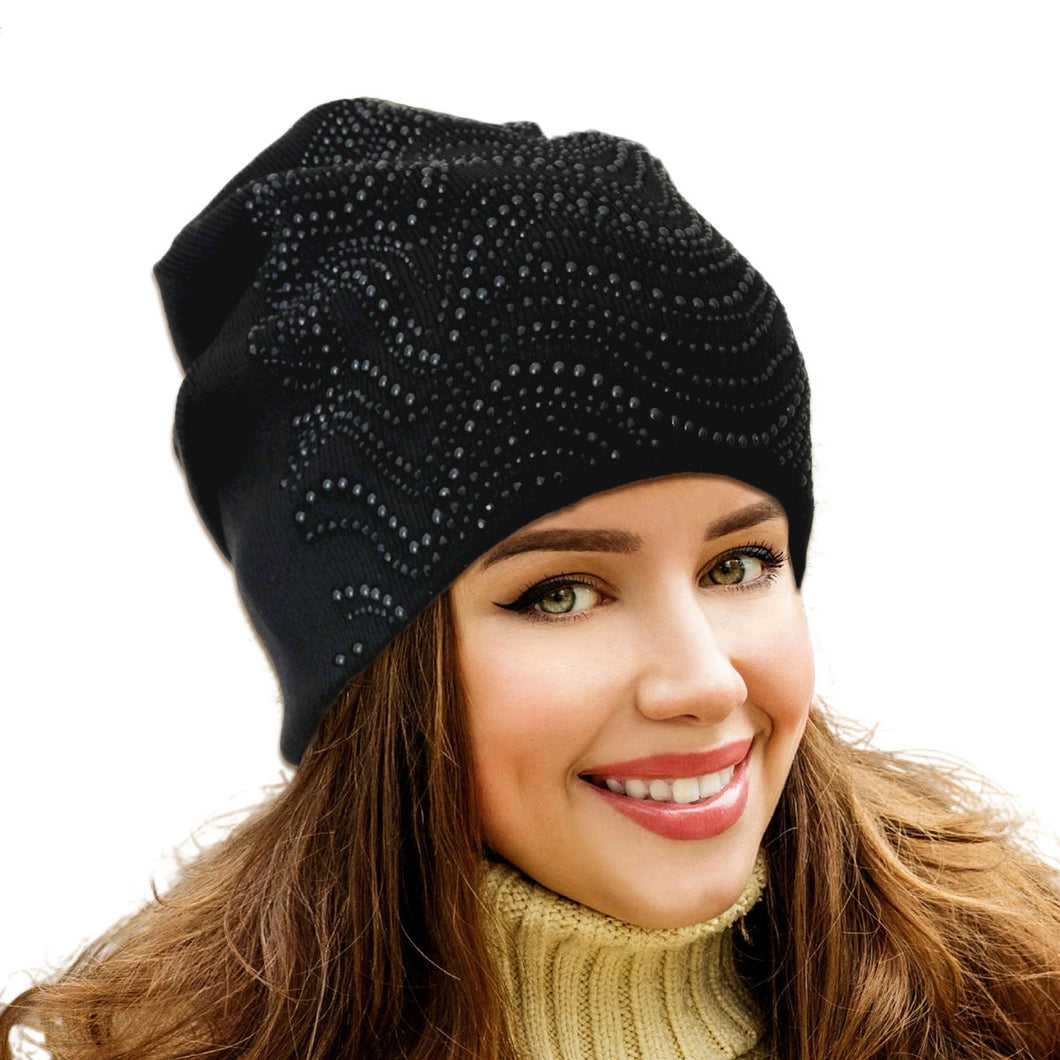 Black Beaded Slouch Beanie