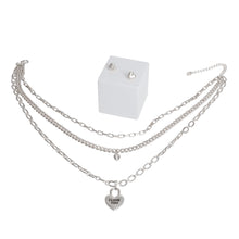 Load image into Gallery viewer, Dainty Silver 3 Layer Chain Locked Heart Necklace Set
